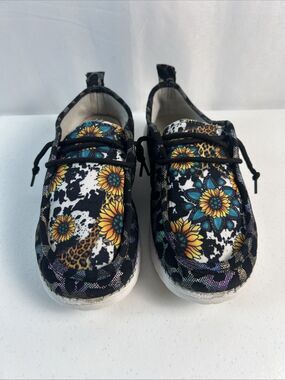 Western Cow Sunflower Canvas Boat Flats US Size 6 Slip On Shoes